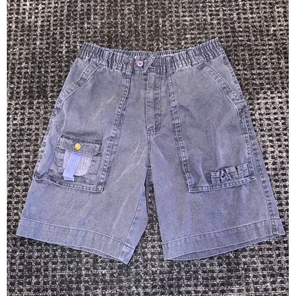 Bugle Boy Vintage 90s Cargo Shorts Sz 29 Blue Ramie Cotton Elastic Waist Utility
